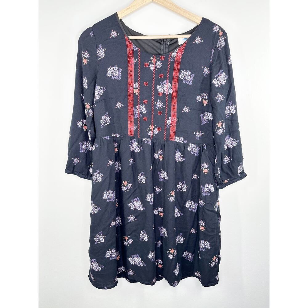 Old Navy Blue Floral Print Long Sleeve Embroidered Dress Women‎ Medium Boho